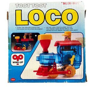 Vintage Blue Box Wind-Up Toot Toot Loco Toy Train With See-Through Body